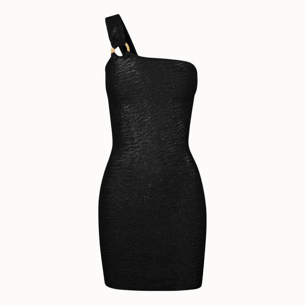 NWT Cleonie Swim Floating Mini Dress in Noir Black Scrunch Smocked One Shoulder